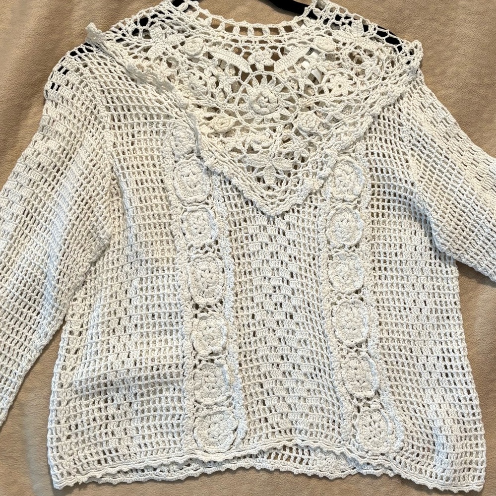 Anthropologie white mockneck crochet top.